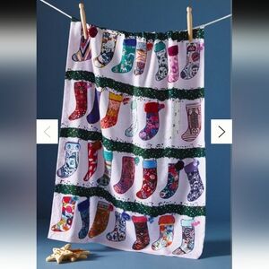 Anthropologie Embroidered Festive Stockings Dish Towel